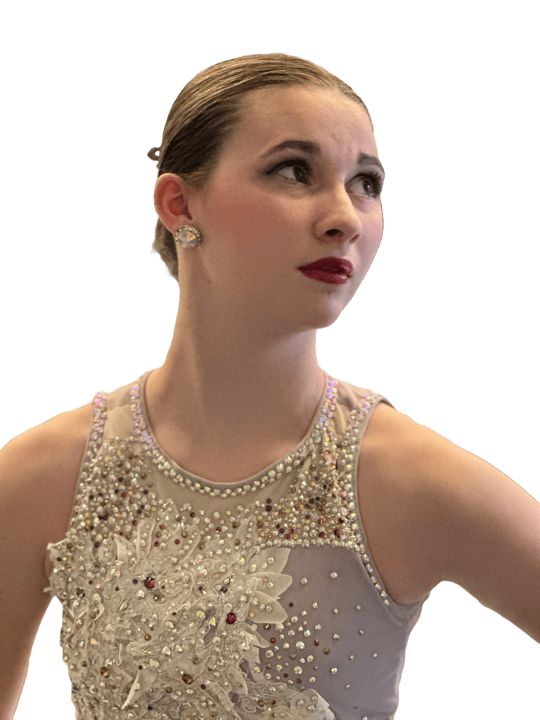 Girl in purple custom competition lyrical dance costume one -of-a-kind transformation created by Sewn 2 Dance heavly rhinestone and applique